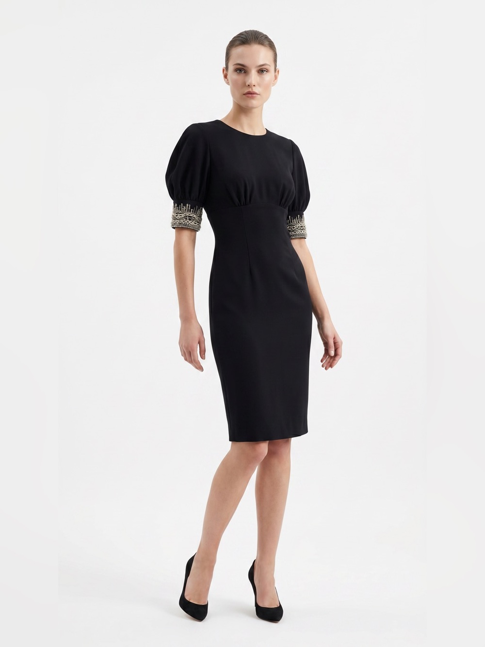 Magashoni Collection Black Puff-Sleeve Embellished Cuff Sheath Dress